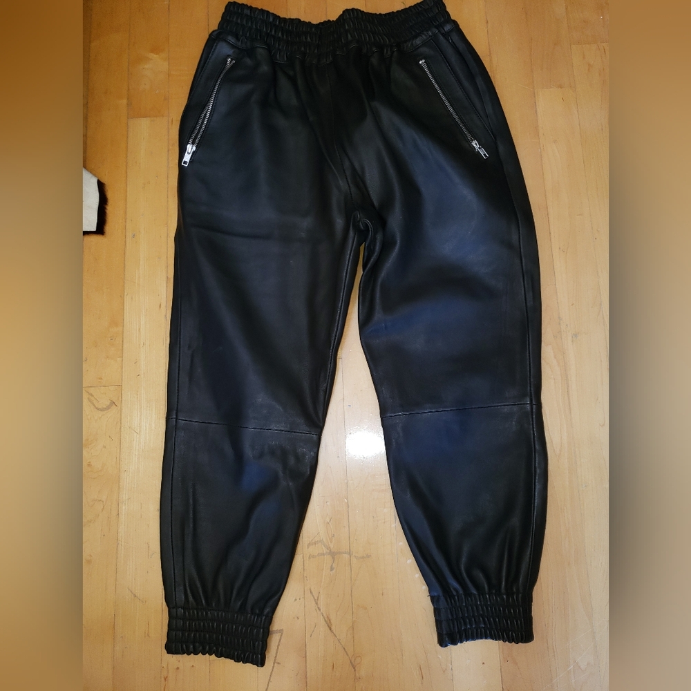 OAK NYC genuine leather metal zippers  back front zippers joggers pants M